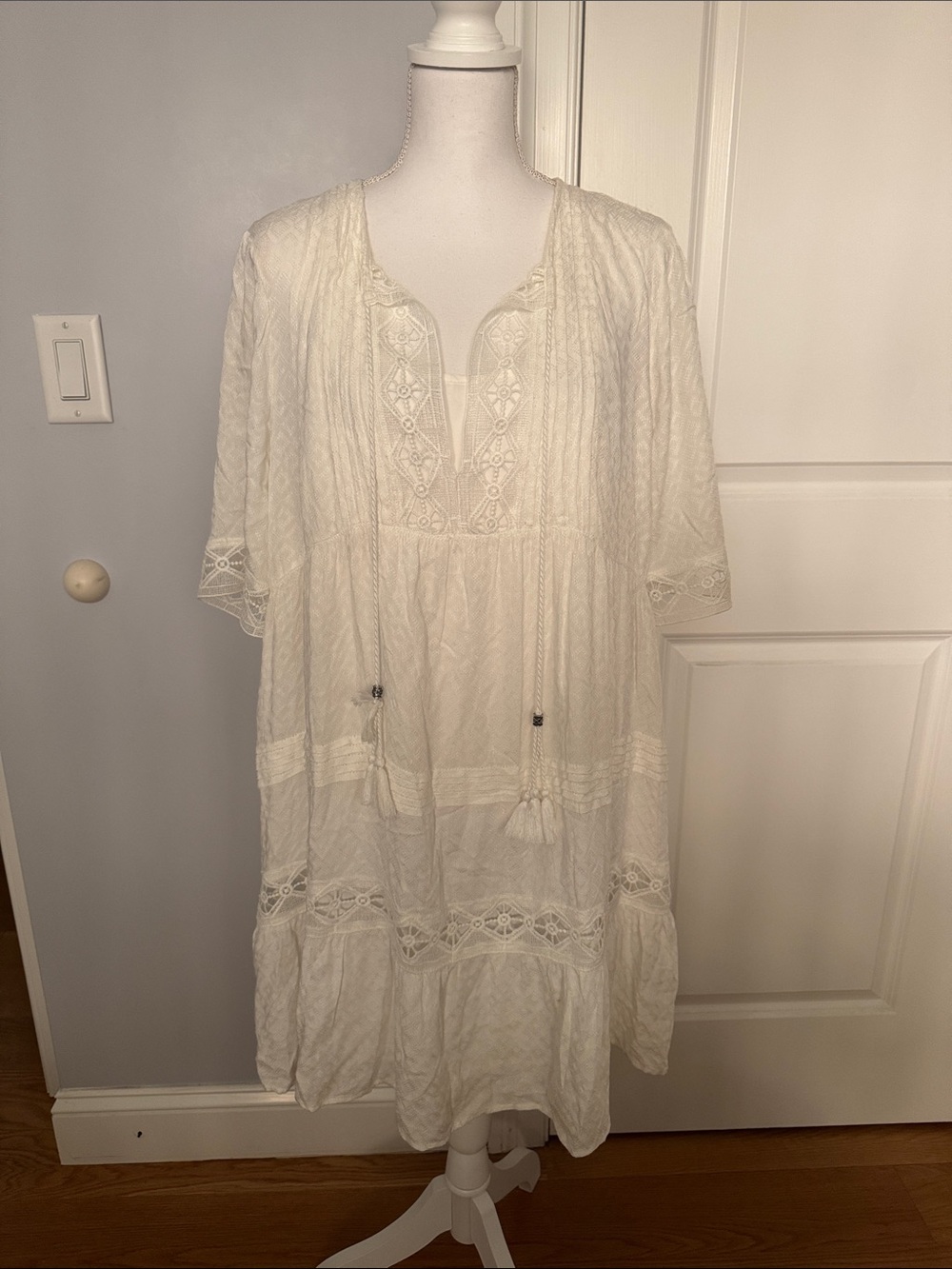 Boho Lace-Trim White Women's Peasant Dress